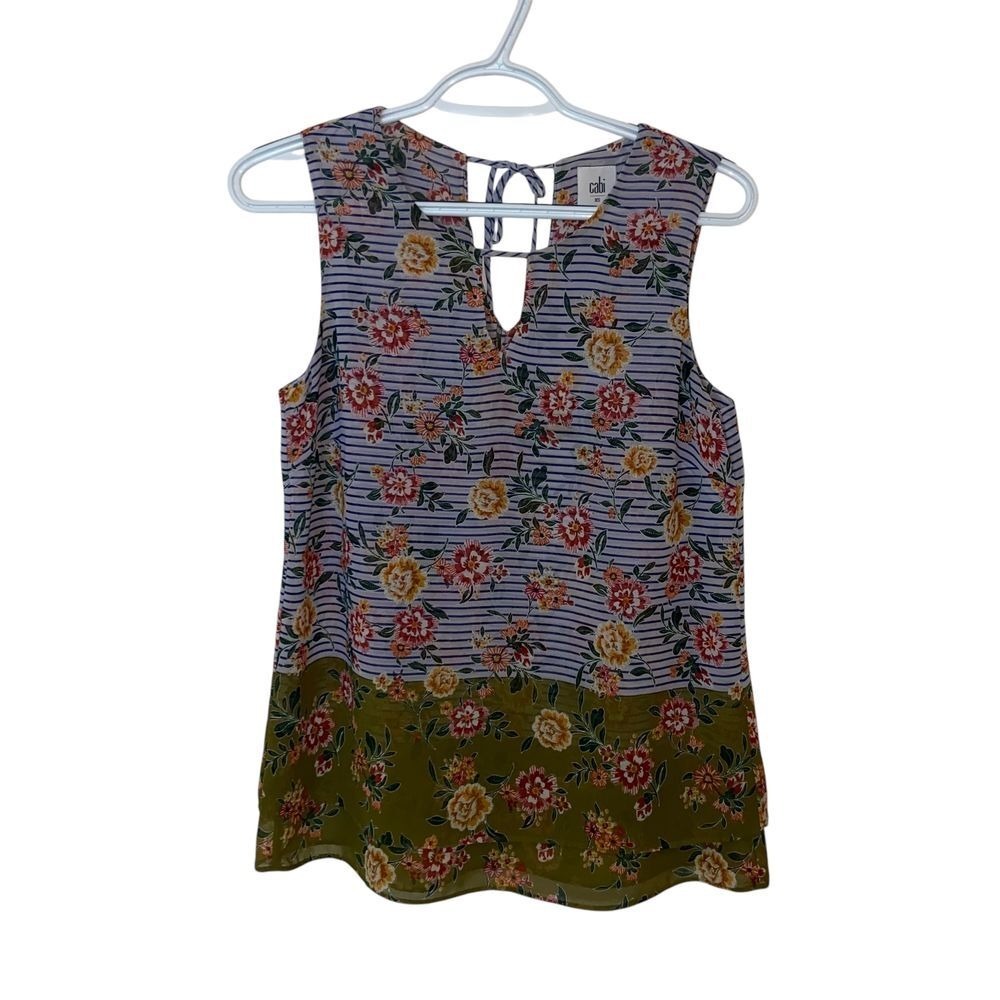 CAbi Penelope Floral Stripe Colorblock Sheer Chiffon Retro Sleeveless Blouse XS - Picture 2 of 9
